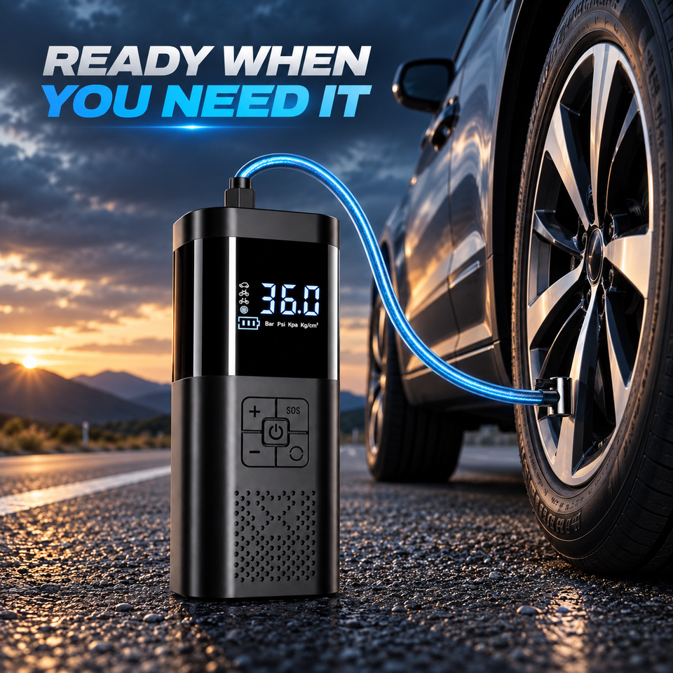 Cordless tyre inflator connected to a car tyre at roadside