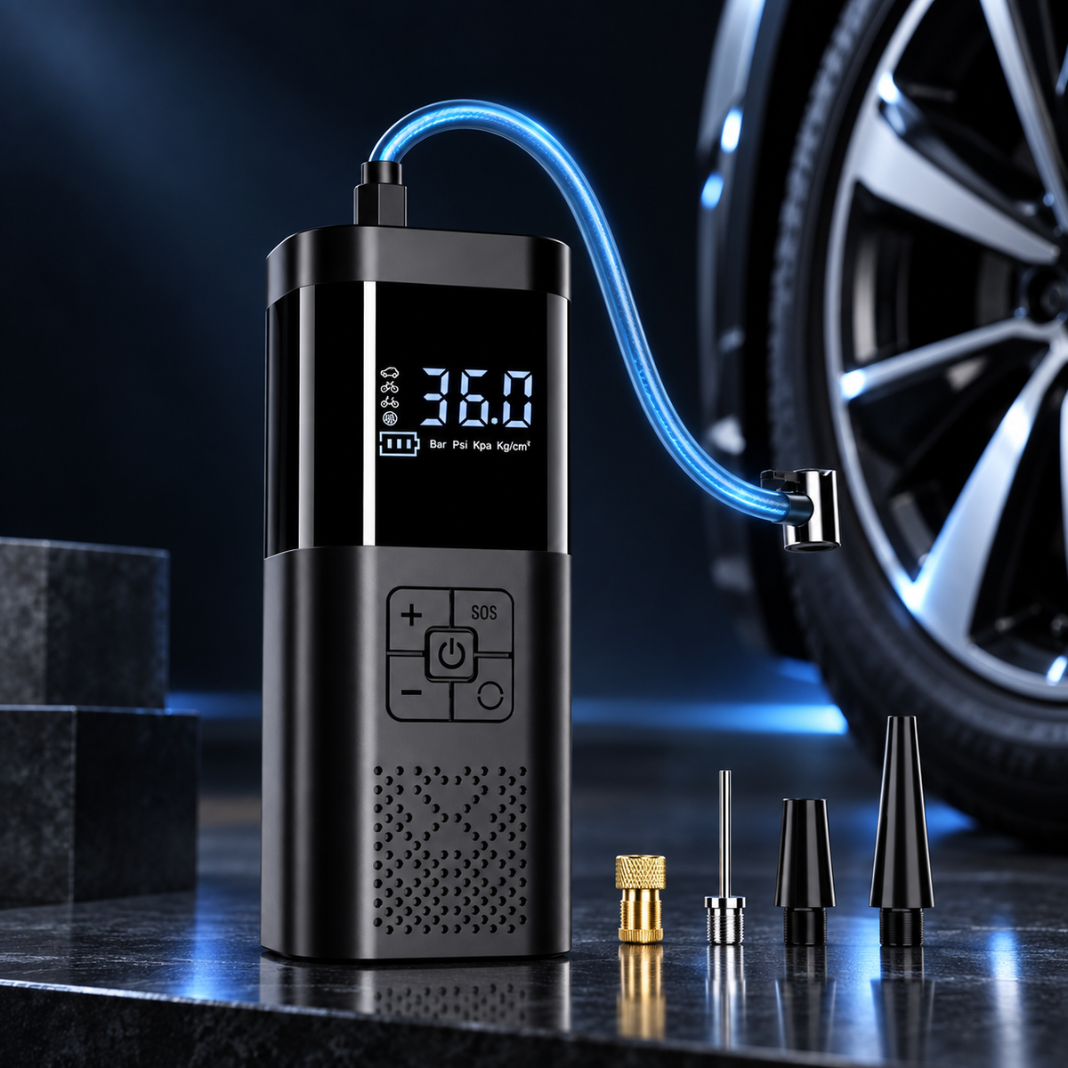 AirVolt portable cordless tyre inflator with accessories