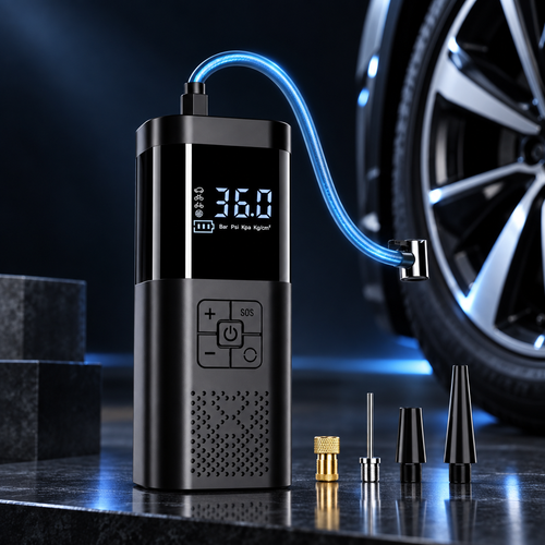 AirVolt portable cordless tyre inflator with accessories