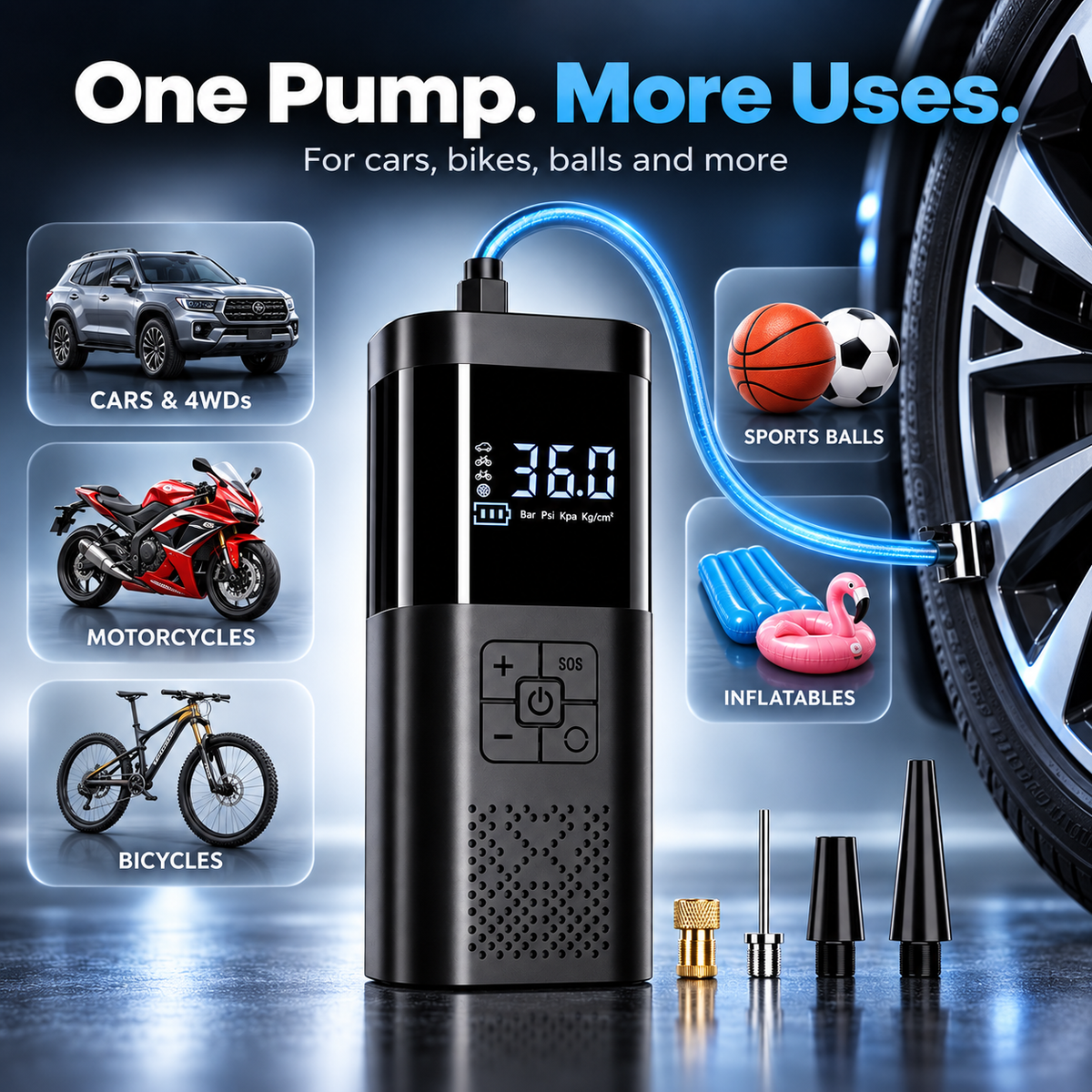 Portable inflator for cars 4WDs motorcycles bicycles sports balls and inflatables