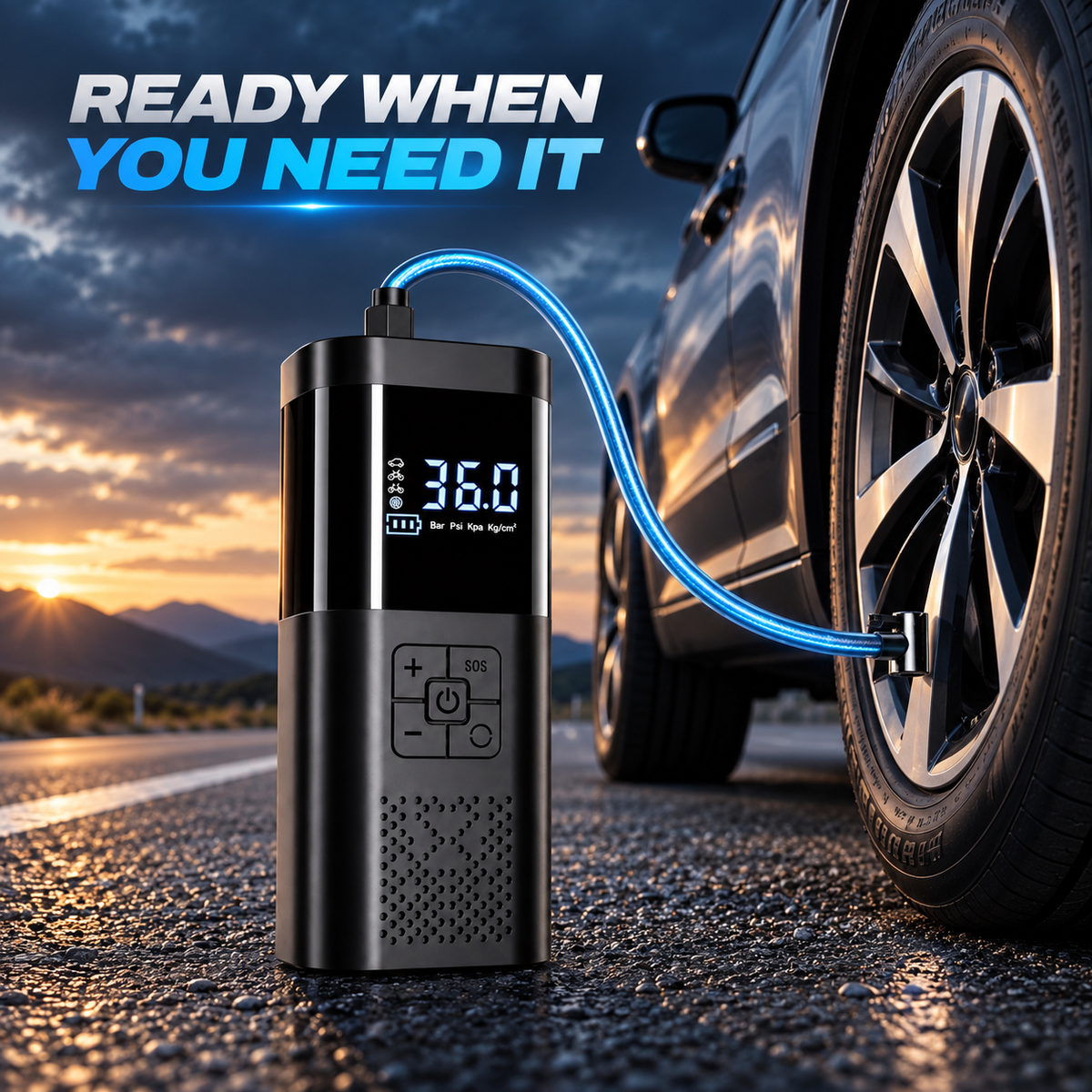 Cordless tyre inflator connected to a car tyre at roadside